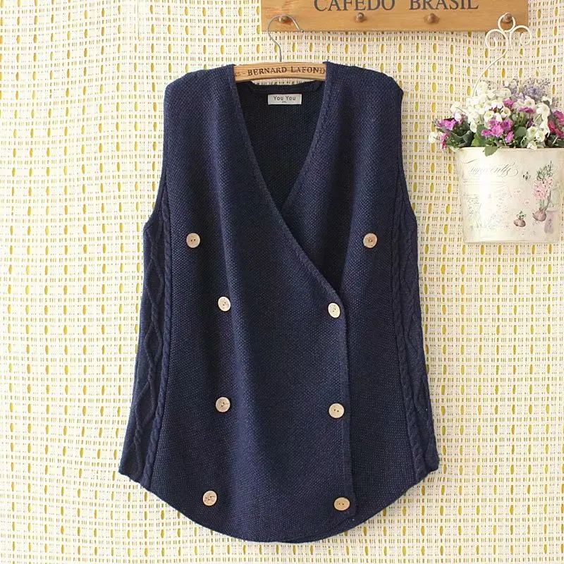 

Plus size Sleeveless women Double Breasted Sweater Vests 2021 new winter casual ladies navy black khaki sweaters female tops