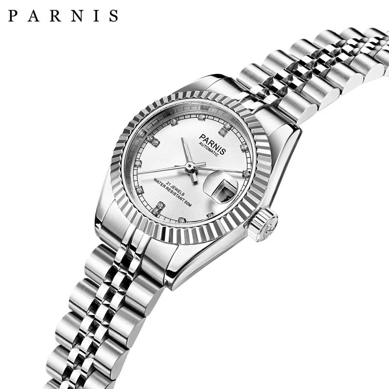Роскошные часы Parnis 26 м с серебряным циферблатом oyster ободок автоматический 21 Jewels