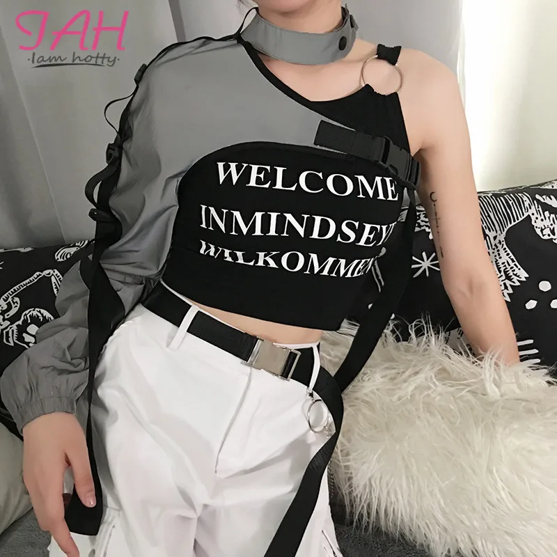 Iamhotty рубашка на одно плечо с пряжкой, круглым вырезом и длинными рукавами, модная уличная одежда, светоотражающие Топы
