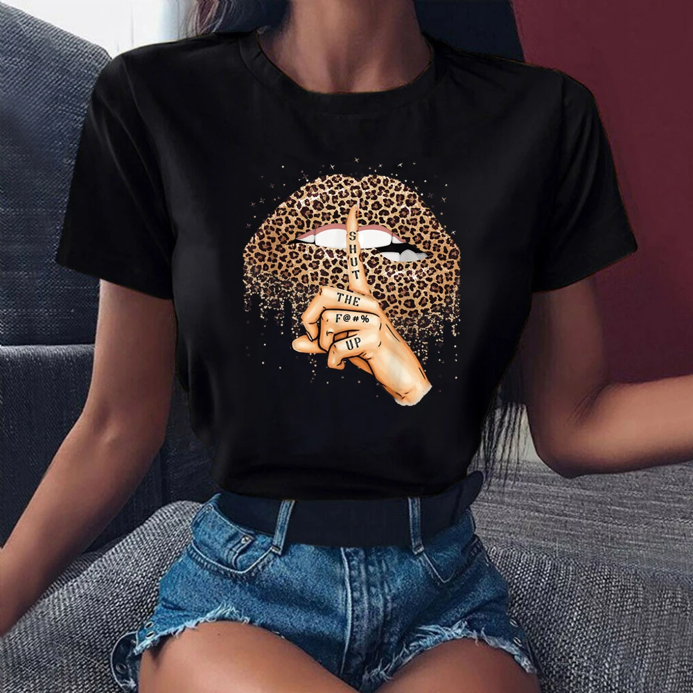 

ZOGANKIN Summer Fashion Shirt Lips Leopard Graphic T Shirt Women Tops Base O-neckBlack Tees Kiss Leopard Lip Funny Girls Tshirt