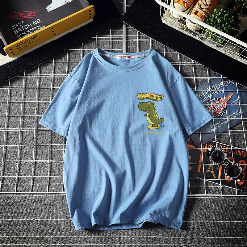 

Pure Cotton Short-sleeved T-shirt Men And Women Trend Half-sleeved Loose Oversized Couple Multicolor Summer 2021 New Dinosaur