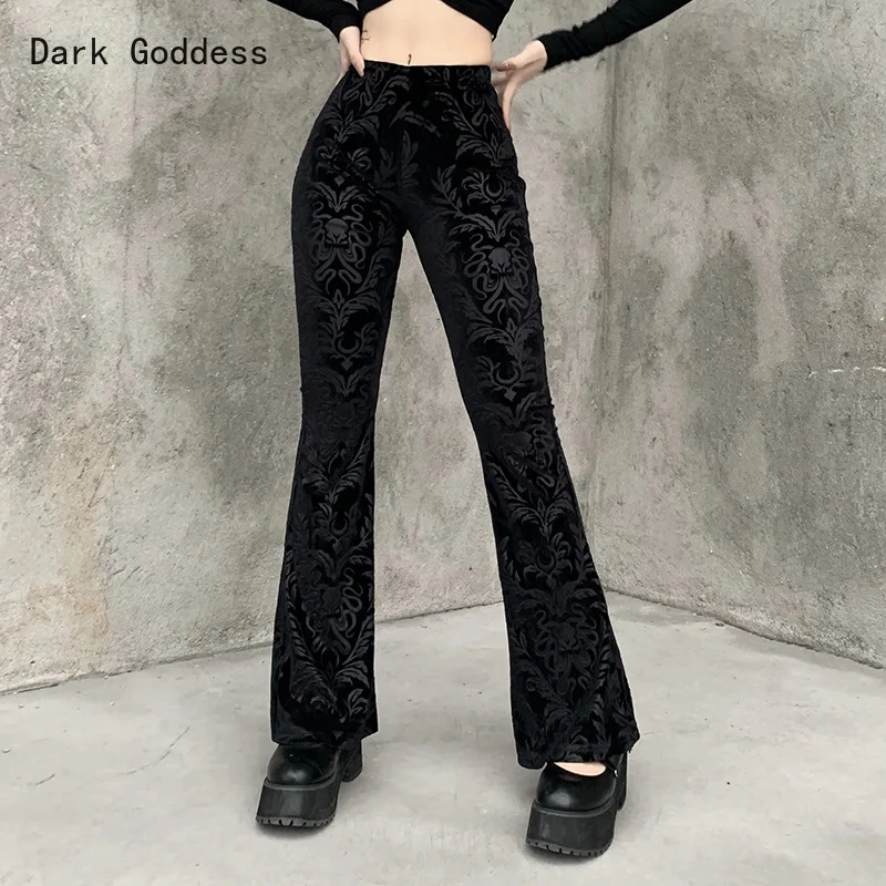 Черные брюки-клеш в ретро-стиле с готическим принтом женские бархатные брюки