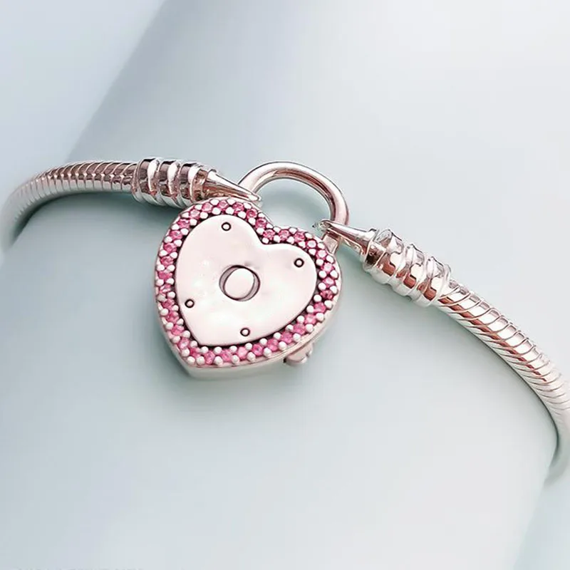 

100% 925 Silver Pan Bracelet Shiny Heart-shaped Chain Pan Bracelet Fit European Charm Bracelets Women Jewelry