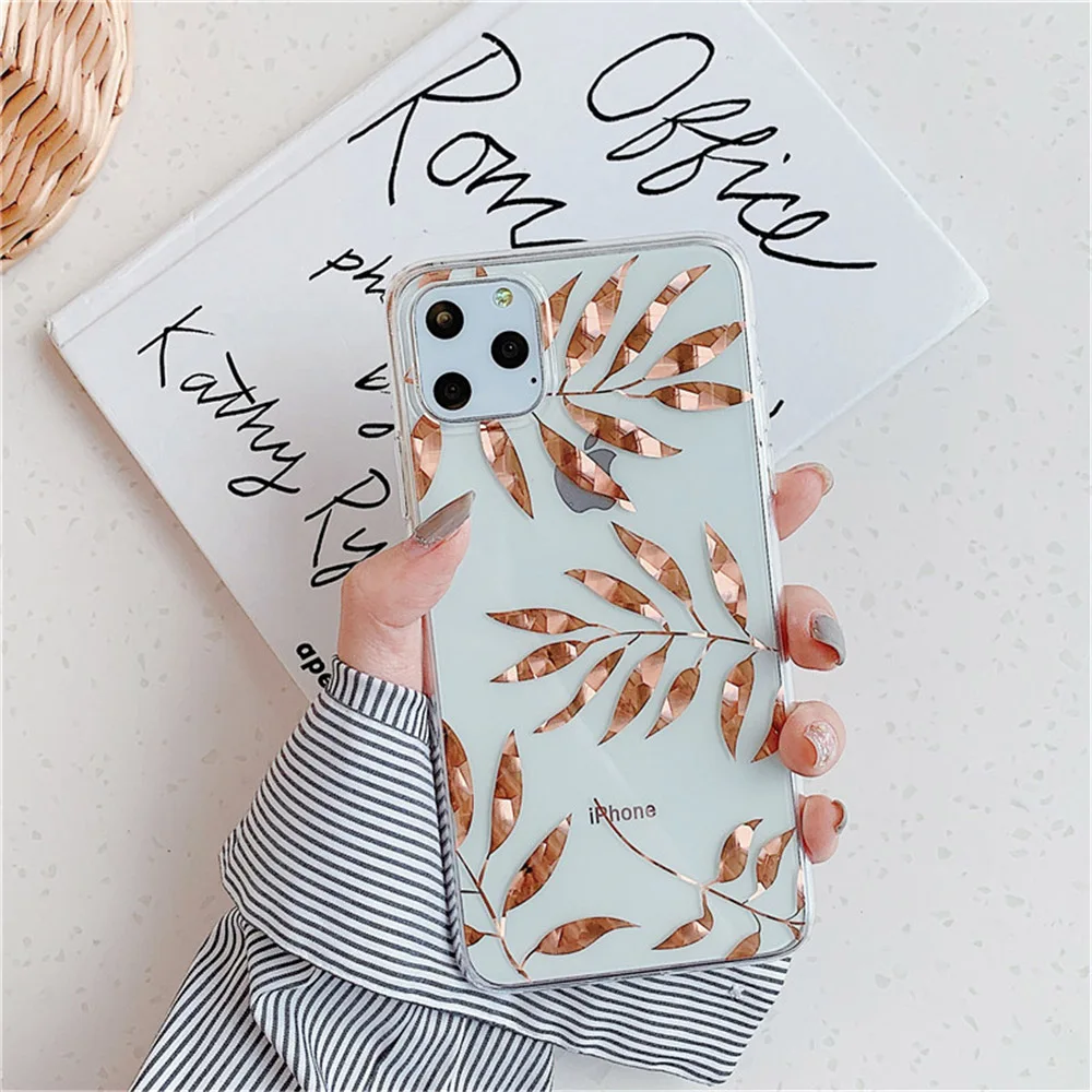 N1986N покрытие из розового золота для iPhone 11 11 Pro Max X XR XS Max 7 8 Plus чехол для телефона роскошный художественный лист Дерево мягкий IMD для iPhone 11