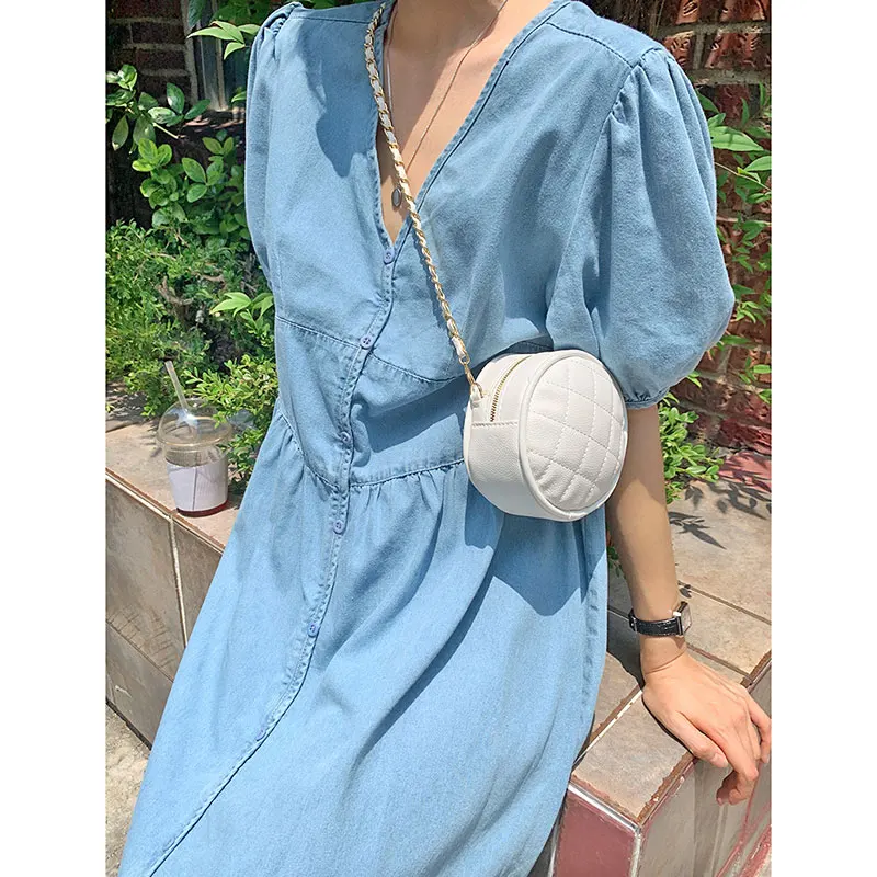 

Kimotimo Puff Sleeve Denim Dress Women Korean Ins Simplicity V-neck Single Breasted Summer Loose Short Sleeve Long Dresses
