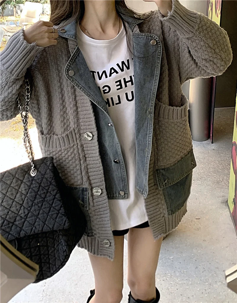 

two-piece knitted sweater cardigan jacket women's autumn and winter design sense, cowboy splicing loose medium and Nuyoah