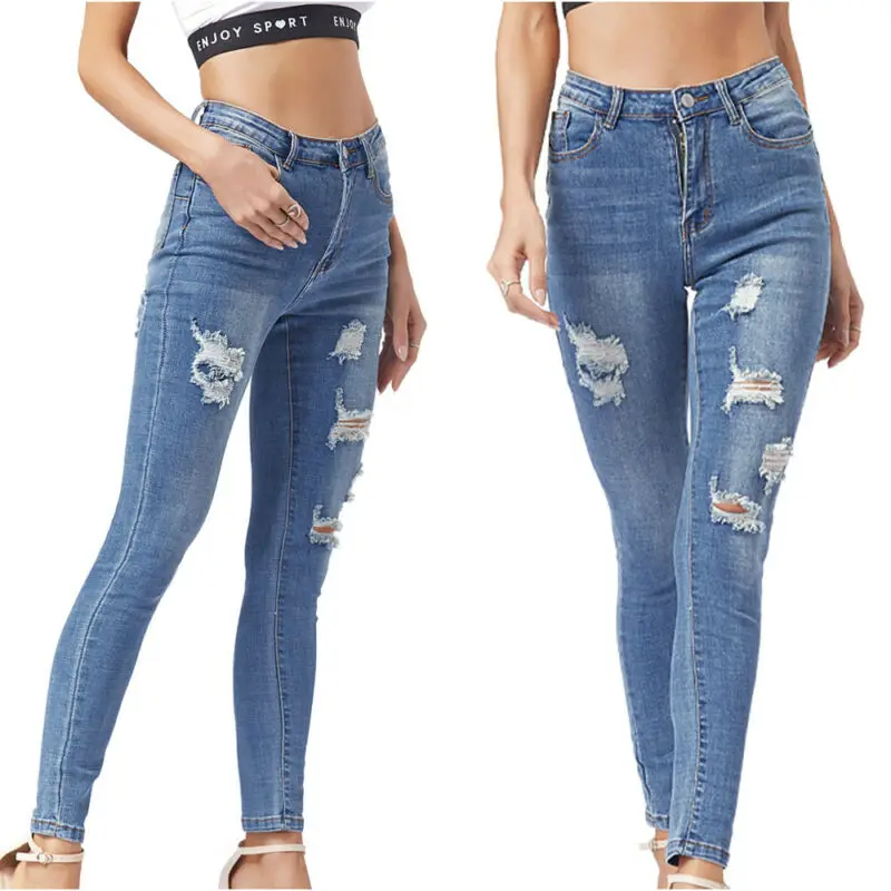 

Womens High Waist Jeans Skinny Stretchy Jeggings Ripped Slim Fit Denim Trousers