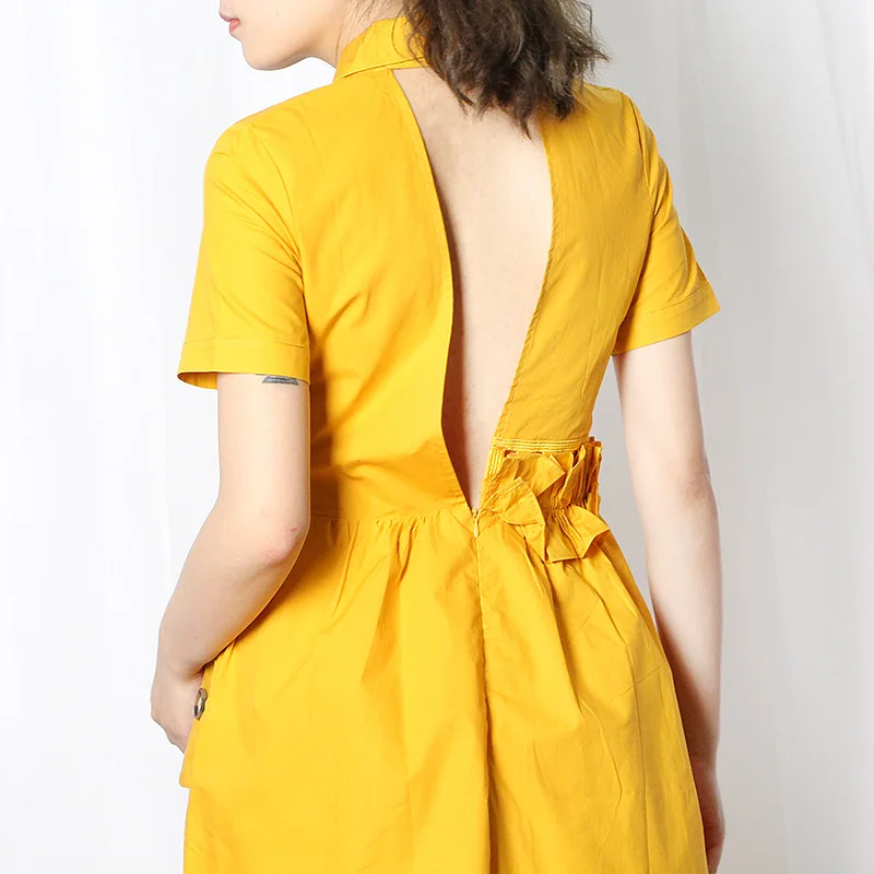 

Elegant Solid Dress For Women Lapel Collar Short Sleeve Hollow Out Ruffles Dresses Female 2020 Fashion Summer