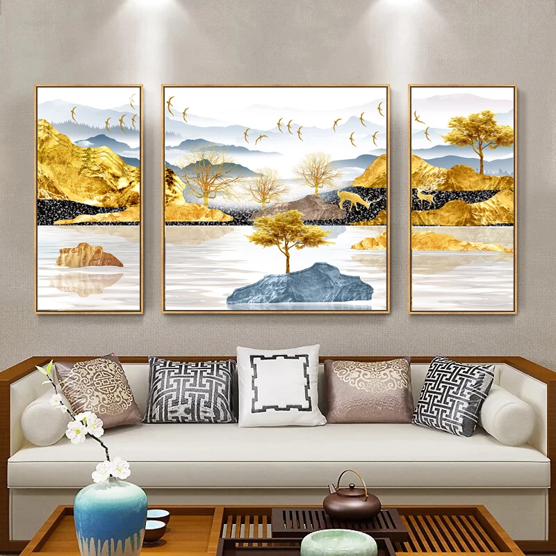 3 шт. абстрактные постеры и печать Золотая гора озеро пейзаж настенная живопись