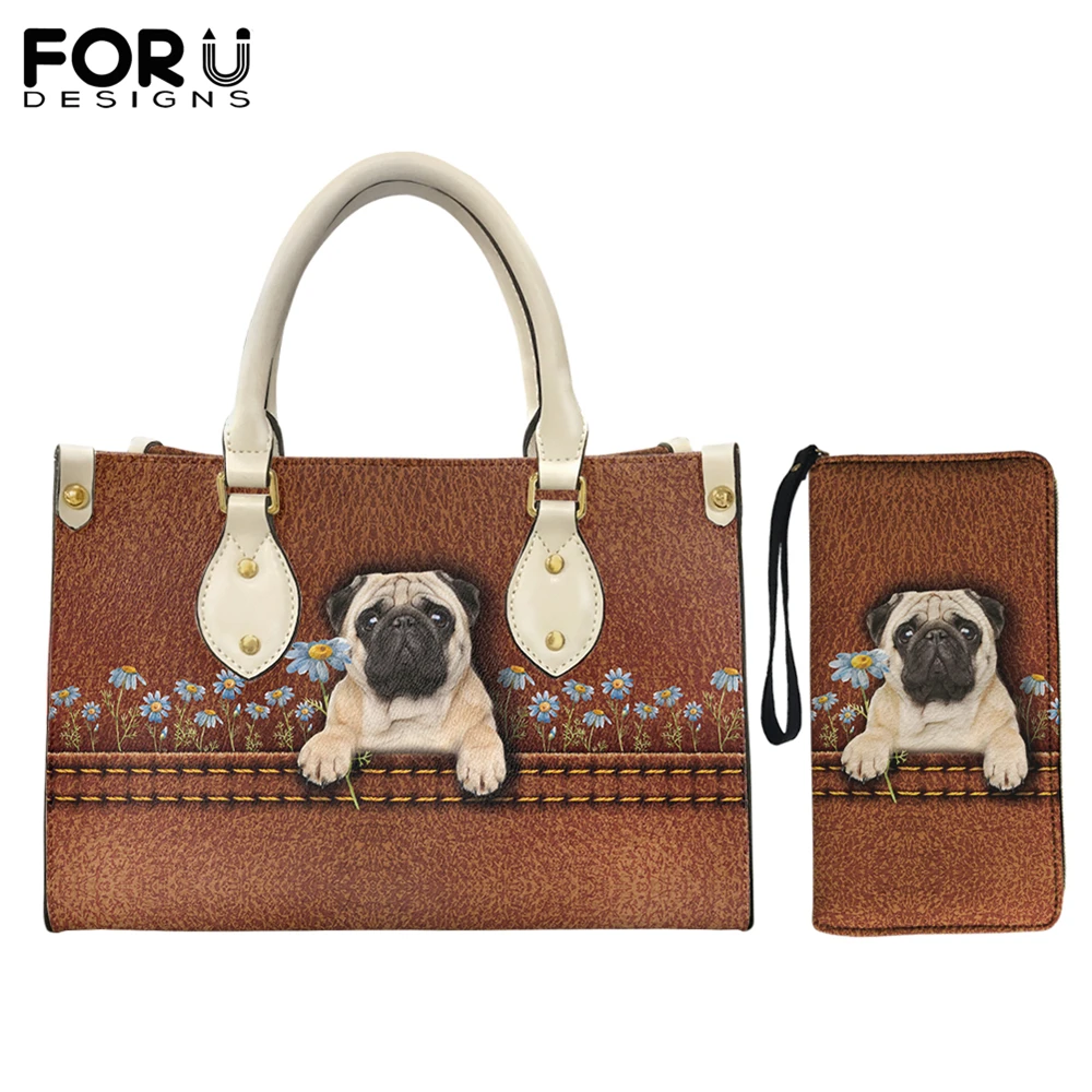 

FORUDESIGNS Luxury Designer Handbag Women Leather Pug Dog With Flower Print Large Capacity Shoulder Bags Ladies Crossbody Bags