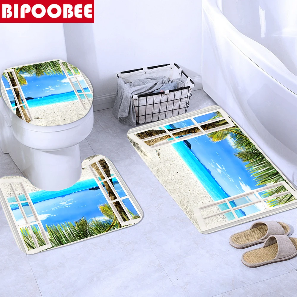 Seaside Resort Bathroom Set Beach Coconut Tree Pattern Shower Curtains Bath Rugs Mats Pedestal Non Slip Carpet Partition Curtain | Дом и сад