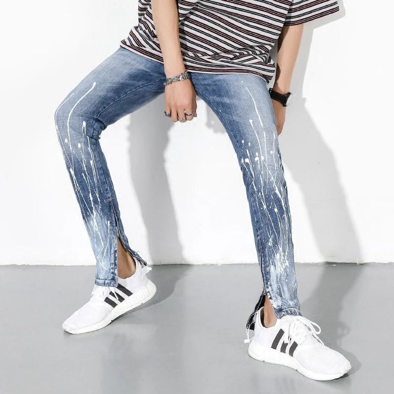 Высокая улица боковая молния Стрейчевые джинсы для мужчин вымытый Синий принт