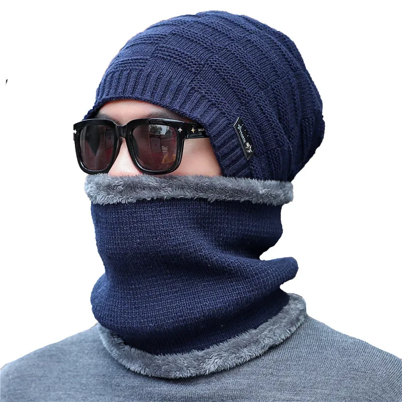 hat scarf set navy Зимняя шапка Xthree, шерстяные шапочки, вязаная шапка, шарф с подкладкой, мужские шапочки, зимние шапки для мужчин, шапочки, шапки - Цвет: hat scarf set navy