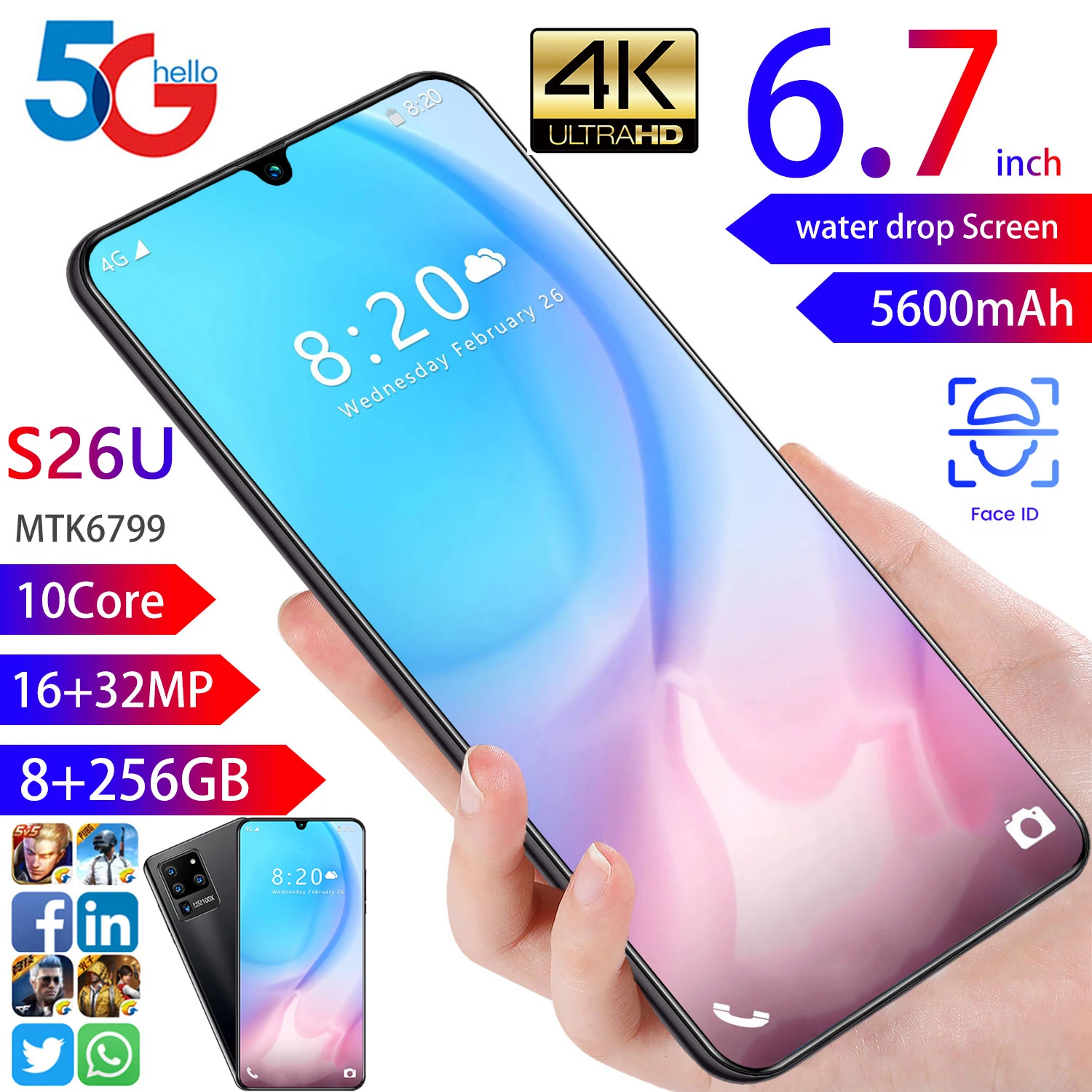 

Global S26U Celular 5600mAh 6.7 Inch Full Screen HD Cellphones Snapdragon 8 256GB Face ID Unlock 5G 4G Strong 10 Core SmartPhone