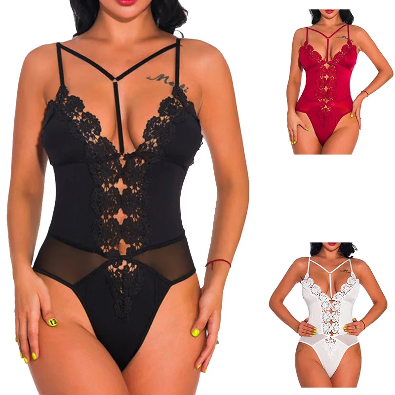 

Women Sexy Casual Lingerie Full Lace Decoration Hollow One-piece Pajamas Nightwear Underwear Bra