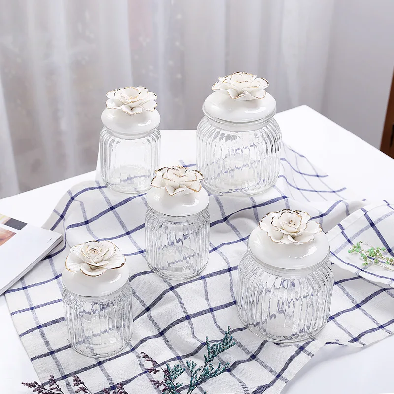 Nordic Ceramic Tracing Gold Rose Peony Glass Sealed Jar Kitchen Organizer Candy Storage Tank Desktop Holiday Decoration Ornament | Дом и сад