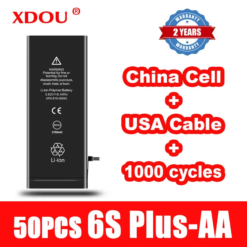 

50pcs XDOU Battery For iPhone 6S Plus 2750mAh Repair Replaced 100% Cobalt China Cell USA Cable 1000 Cycles For Apple 6splus AA