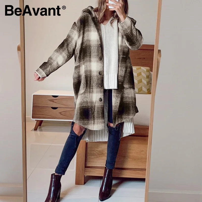 

BeAvant Casual loose button plaid hooded women coat Pockets contrast color long coat ladies Warm autumn winter overcoat 2020 new