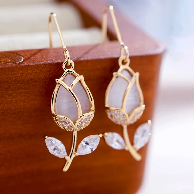 

Korean Fashion Opal Tulip Crystal Drop Earrings for Women Temperament High Quality Jewelry AAA Zirconia S925 Needle Ins Hot Gift