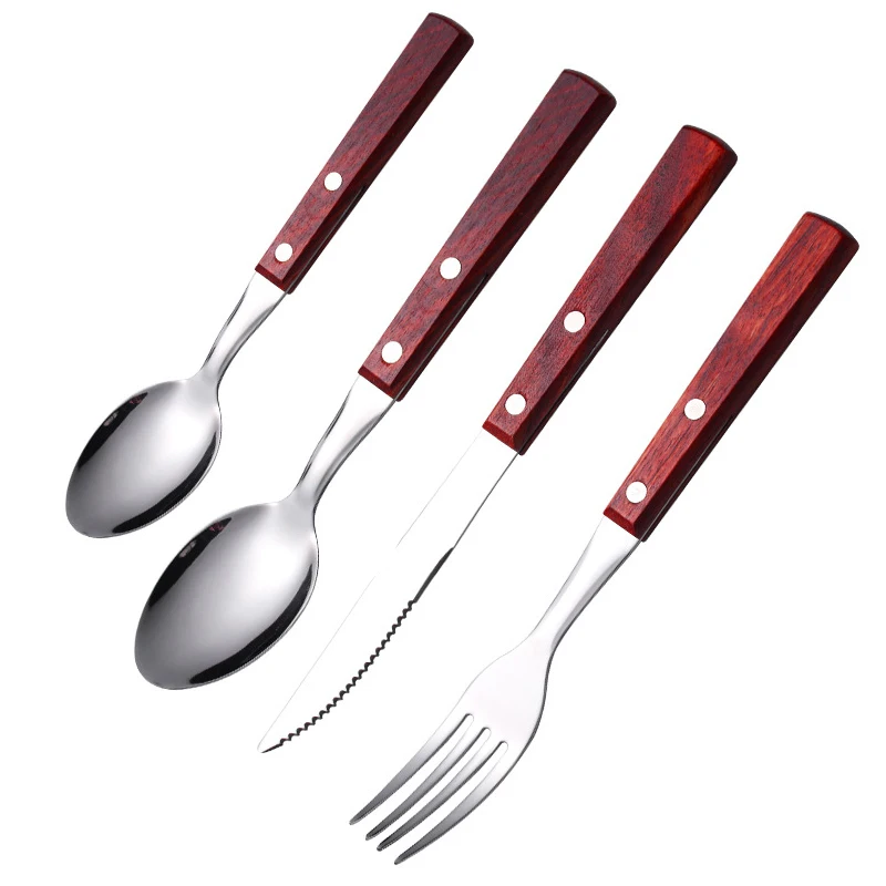 

4Pcs Wood Stainless Steel Dinnerware Set Flatware Knife Fork Spoon Wooden Handle Knife Fork Spoon for Home（1Pcs）