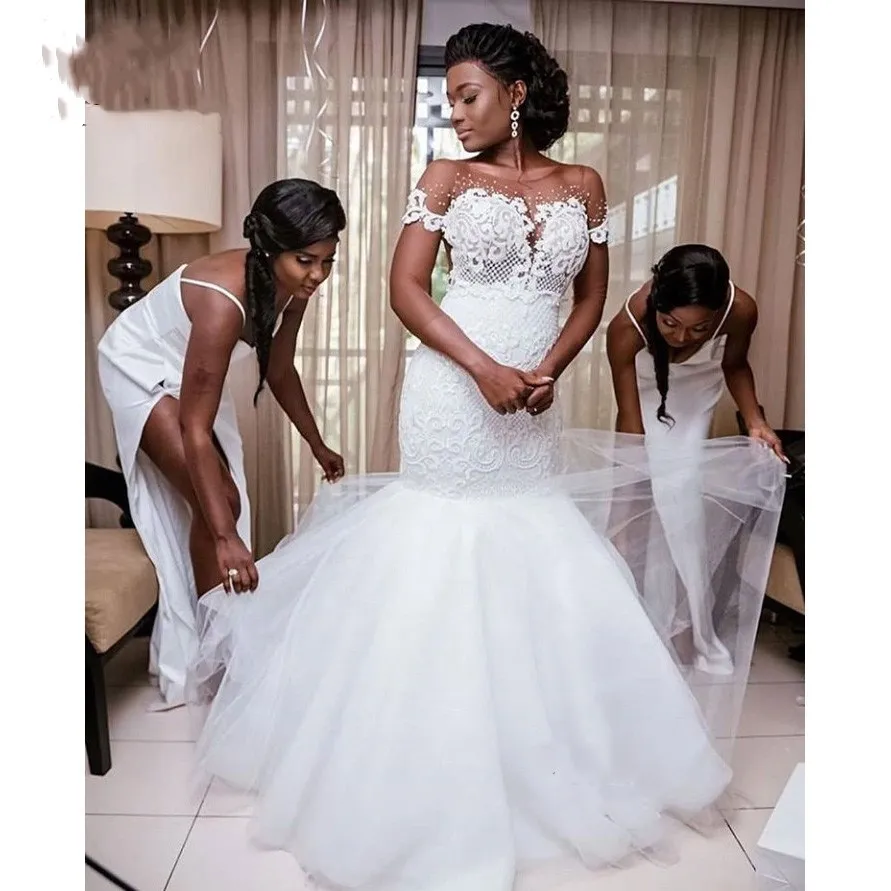 Свадебное платье Русалка Воротник Sheer Jewel деликатная вышивка чистое невесты из