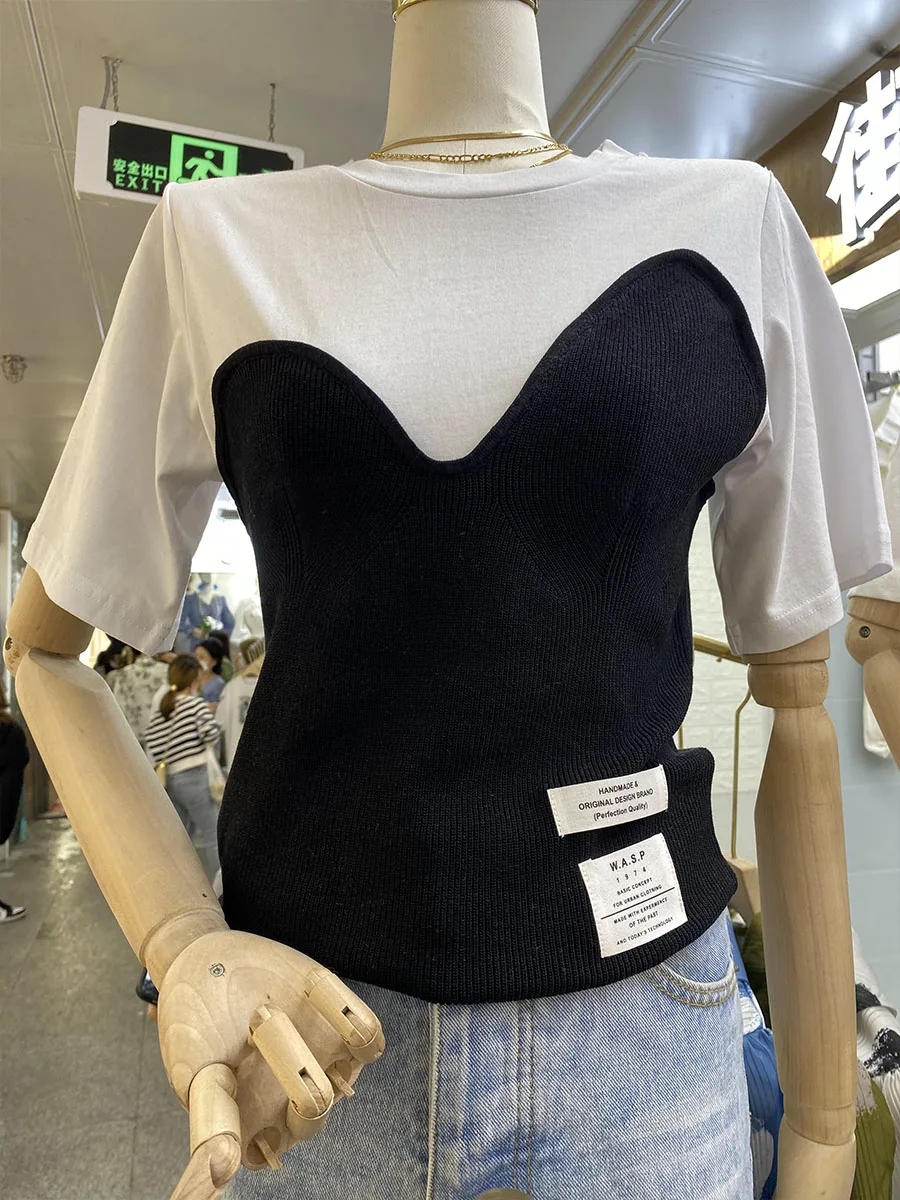 

2021 Women's New Spring Slim-Fitting Patchwork Casual Top Round Neck Pullovers Short Sleeve Trendy T-shirt