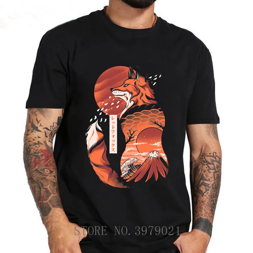 Футболка мужская с принтом японской лисы приталенная хлопковая рубашка