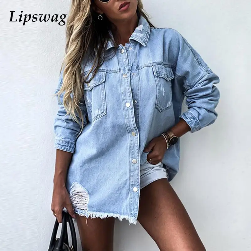 

Women's Fashion Street Solid Ripped Denim Jackets Vintage Lapel Long Sleeve Autumn Coats Casual Pocket Button Loose Jean Outwear
