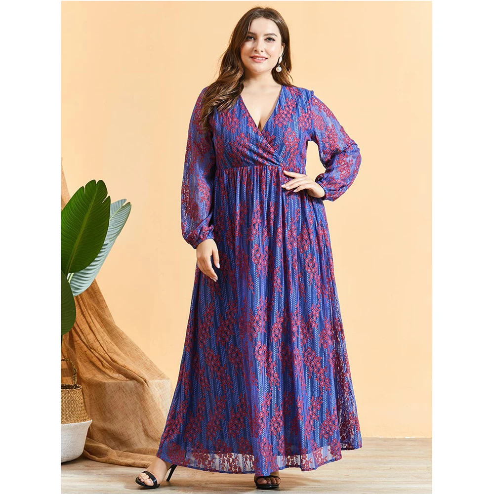 

Lace Flower Long Dress Women Abaya Muslim Plus Size V-neck Bohemian Arab Jilbab Turkish Purple Maxi Robe Elegant Middle East New