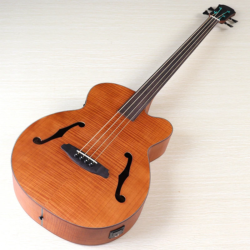 43 дюймов Jumbo бас акустическая гитара F отверстие полный пламя дуб fretless 4 строки Бас