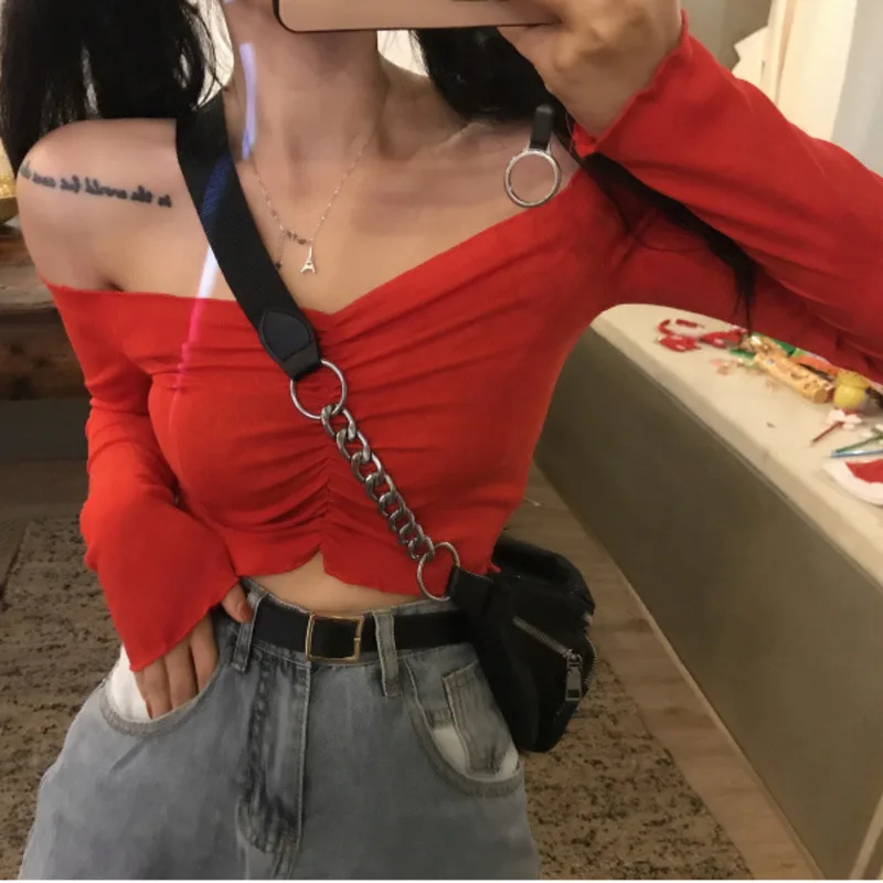 Пикантная женская футболка с открытыми плечами облегающие топы черный красный