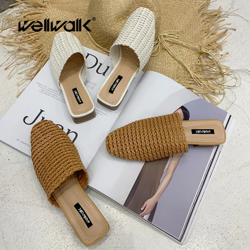 Соломенные туфли без задника Женские шлепанцы на каблуке дышащие Лоферы для