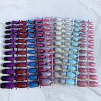 24pcs short coffin fake nails glitter beauty frosted press on nails color purple blue white level head false nail