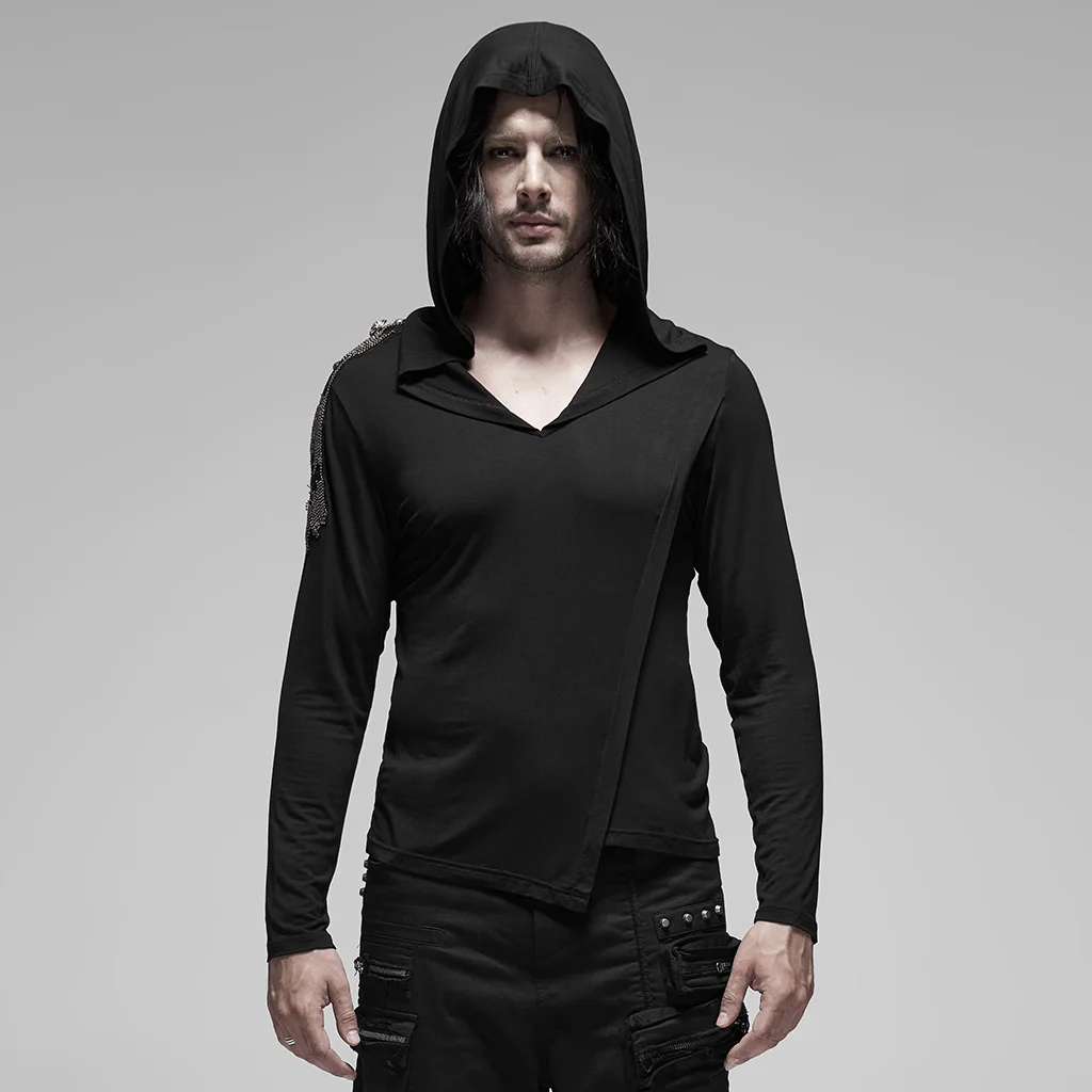 

PUNK RAVE Men's Punk Metal Shoulder Board Hooded T-shirt Modal Fabric Irregular Seam Fit Hooded Top Long Sleeve T Shirt Men