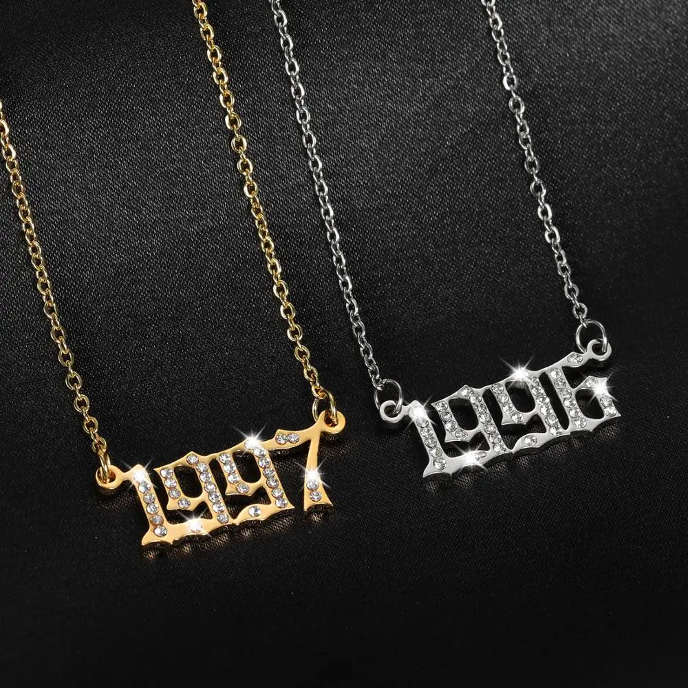 Customized Year Nameplate Necklaces Iced Out Stainless Steel Pendant Personalized Letter Gold Choker Fashion Jewelry for Women