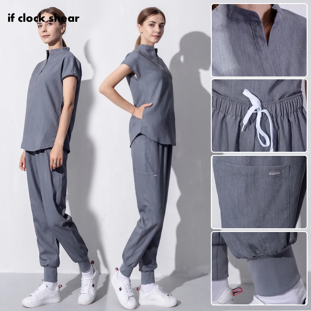 

High Quality Denim Gray Scrubs Suits Tooth Check Workwear Spa Uniforms Beautician Scrub Work Suit Wholesale Scrubs Women Uniform