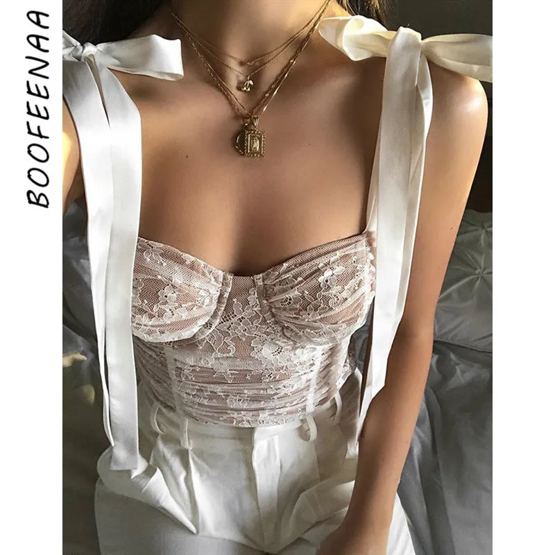 BOOFEENAA галстук бабочка белый цветочный кружевной Бюстье укороченный Топ женский