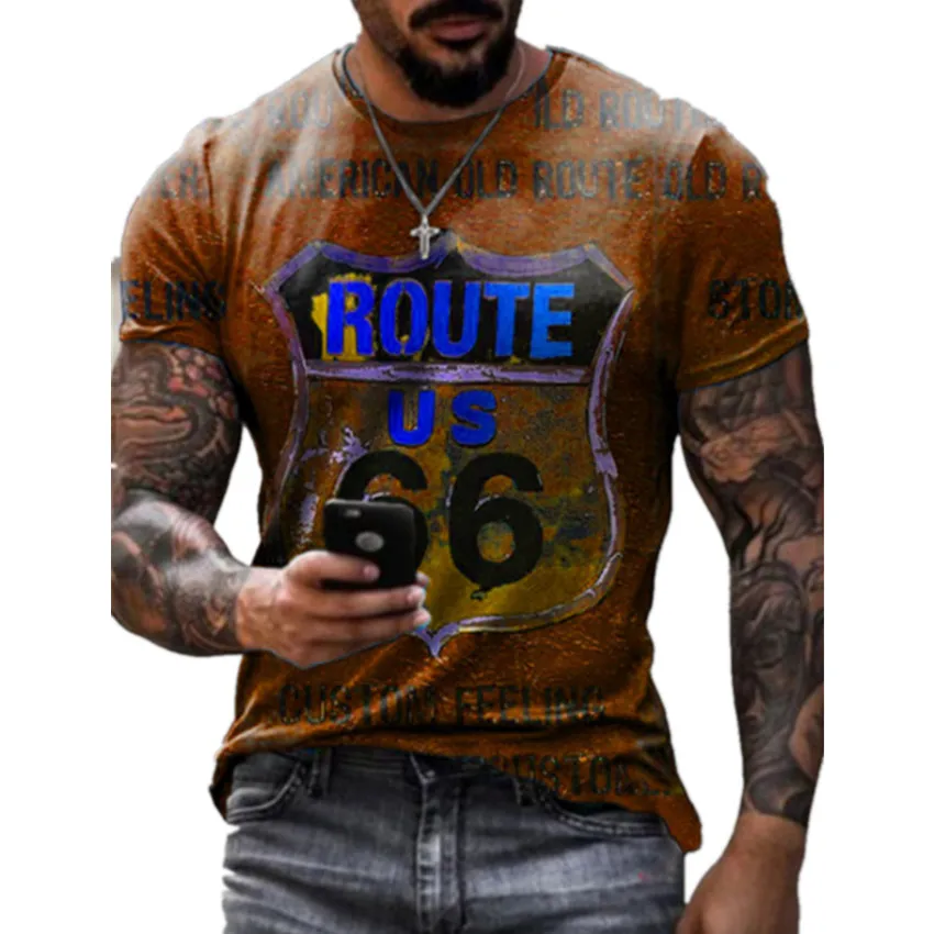 

Футболка мужская с принтом, модная Базовая рубашка в стиле Харадзюку, винтажный стиль, Route 66, большие размеры, на лето