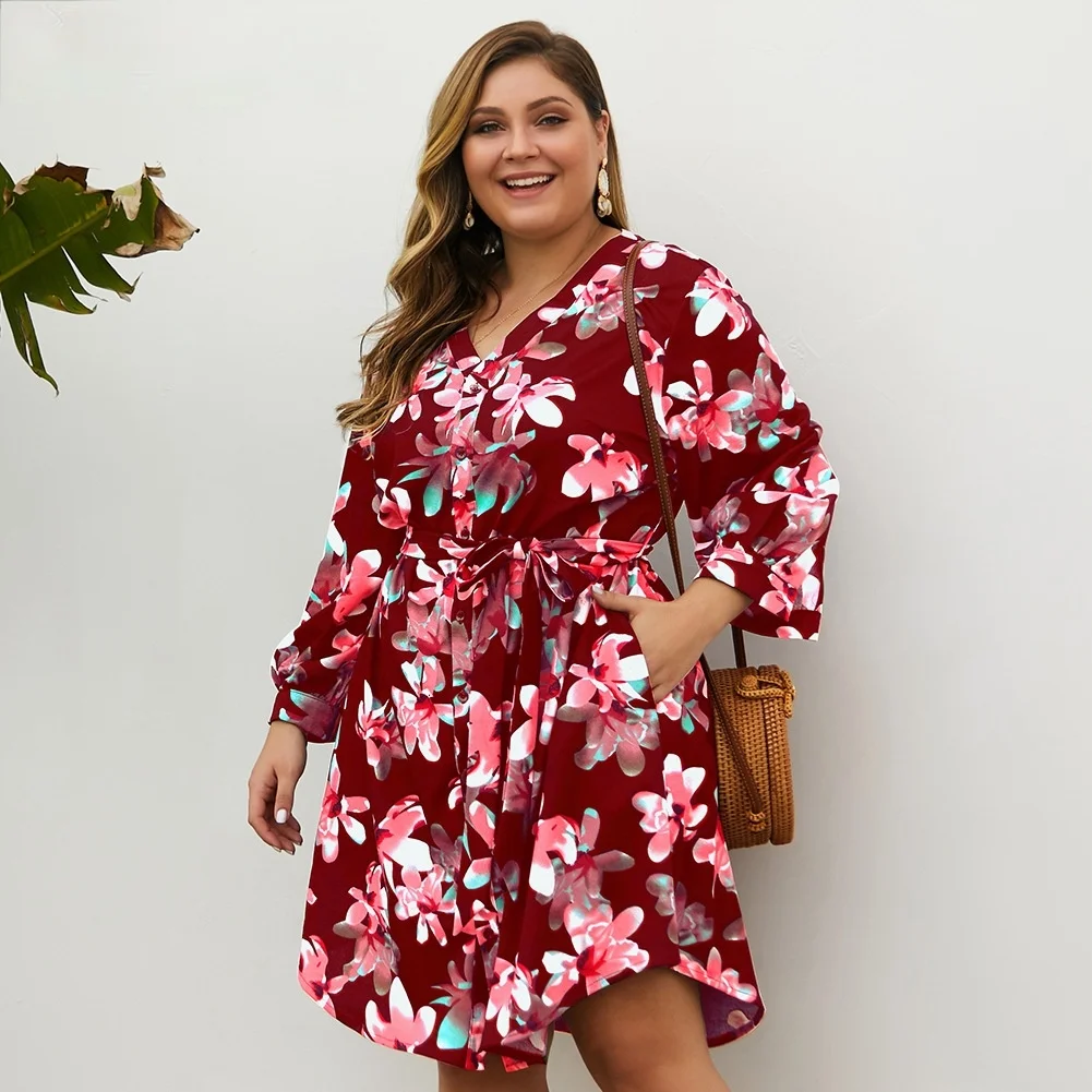

Plus Size Floral Dress Women Summer V Neck Long Sleeve Pockets Casual Midi Dresses Big Size Ladies Boho Beach Dress