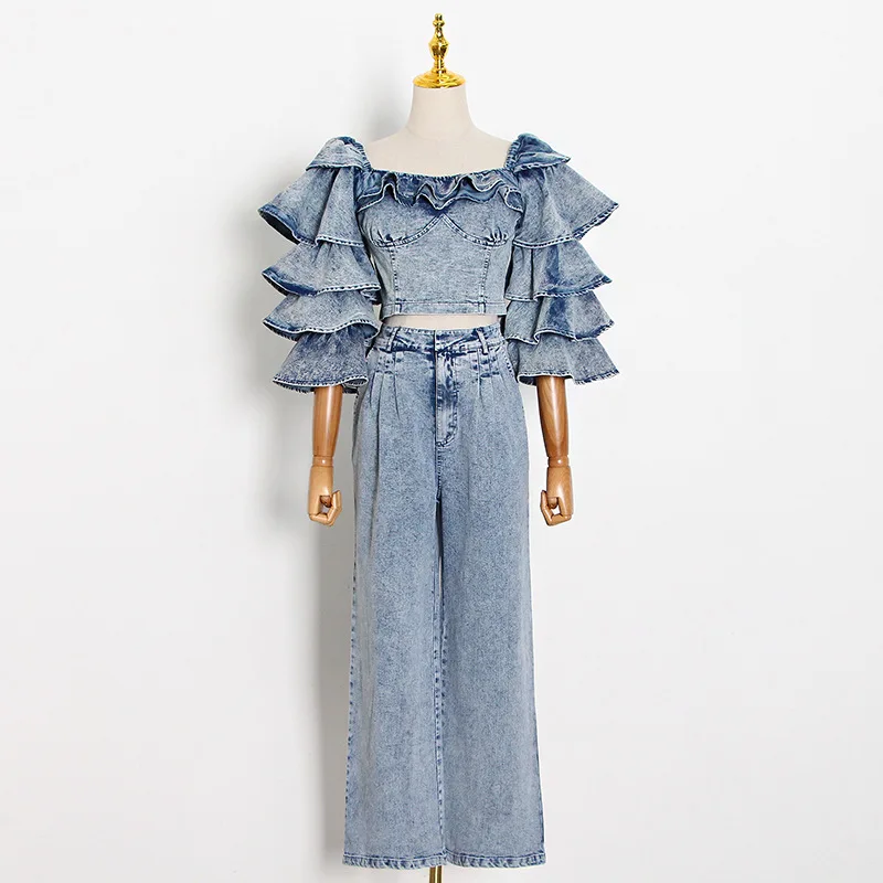 

Женский джинсовый костюм с оборками, короткая рубашка с коротким рукавом и молнией сзади и прямые джинсы с высокой талией, осень 2020