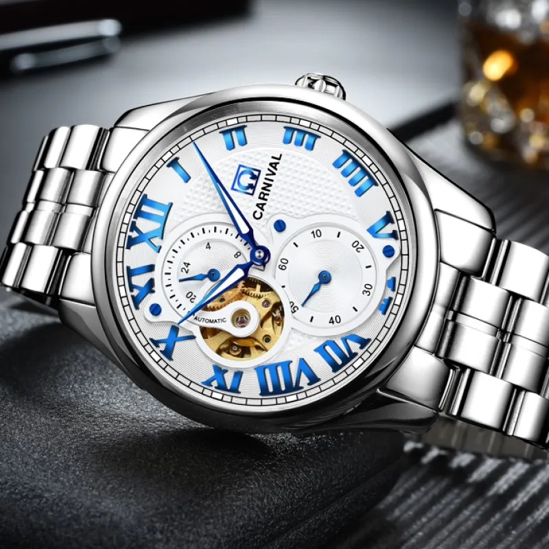 Fashion Mechanical Skeleton Watch top brand CARNIVAL Torubillon Automatic Watch men 24hours Luminous Waterproof Stainless Steel