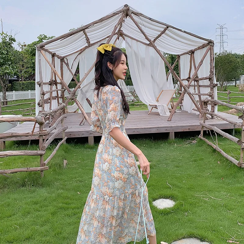 

Women Long Vintage Chiffon Floral Dress Summer 2021 Runway Elegant Korean Party Dress Fairy Boho Retro Casual Vacation Dresses