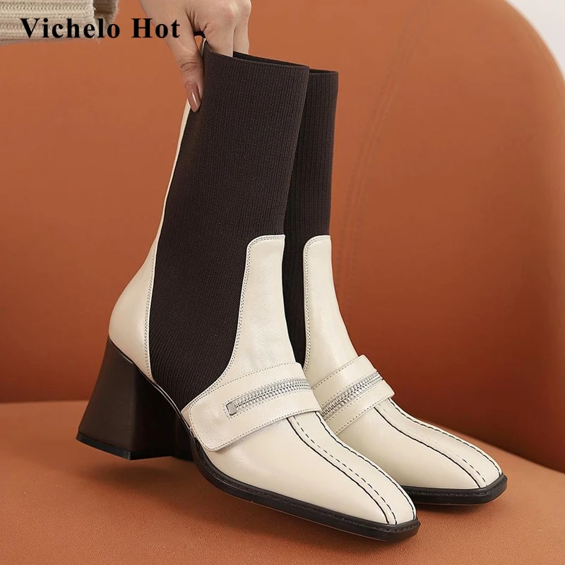 

Vichelo Hot sock boots genuine leather knitting mixed colors square toe thick high heel slip on preppy style mid-calf boots L38