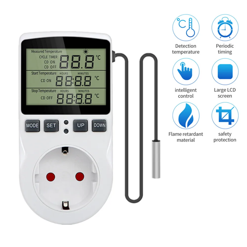 

Digital Timer Socket Thermostat Digital Temperature Controller Socket Outlet with Timer Switch Sensor Probe Heating Cooling 220V