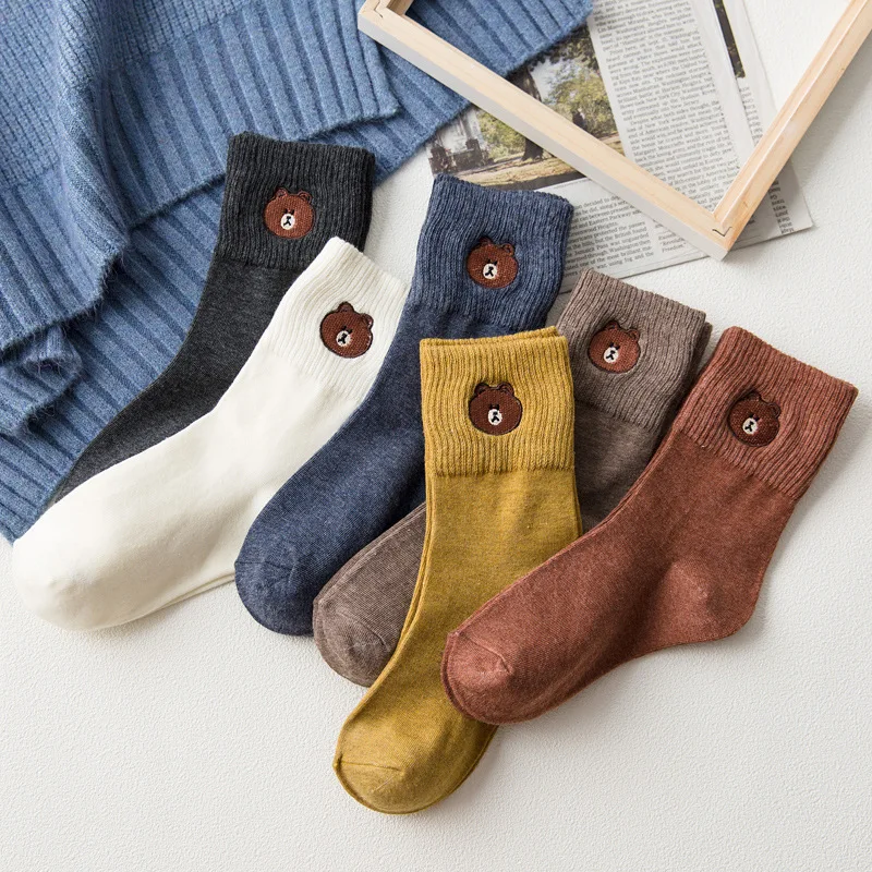 Новинка 6 пар милые японские носки Harajuku с вышитым медведем из мультфильма