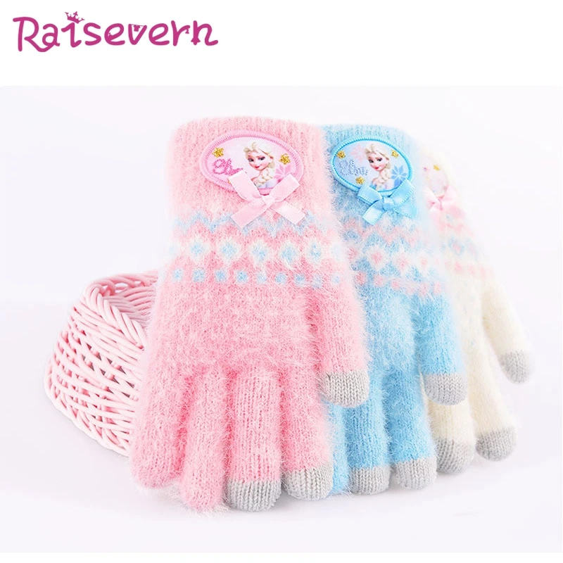 Raisvern/теплые перчатки принцессы с бантом для девочек зимние вязаные мягкие