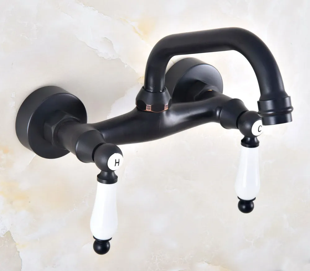 

Black Oil Rubbed Brass Double Hole Lever Handle Kitchen Bathroom Basin Faucet Sink Mixer Hot / Cold Tap Swivel Spout 360' dnf821