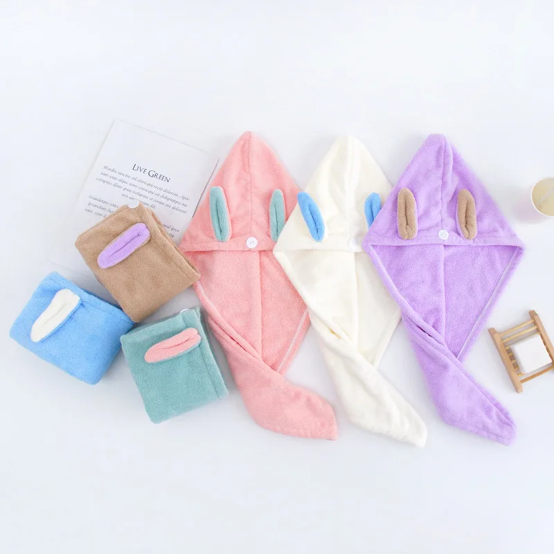 

Cute Rabbit Hair Towel Quick Drying Hair Wrap Towel Super Absorbent Soft Microfiber Towel Hair with Button Coral Velvet
