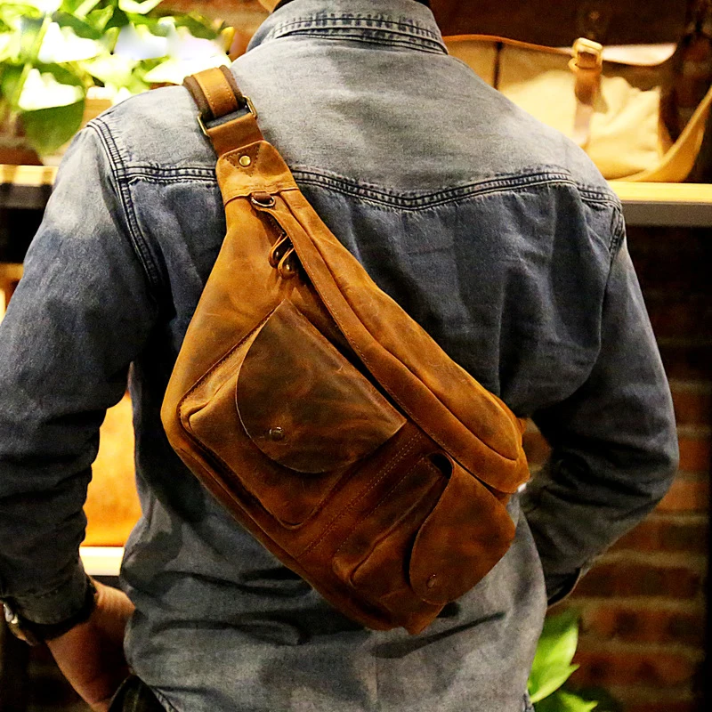 Guimiaray vintage Men's Crazy horse Leather chest bag Casual Outdoor Sling Bag Sports bag 8723#