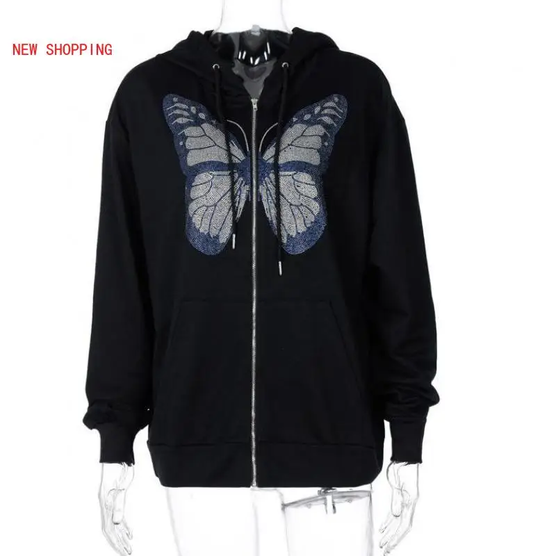 

Fashion Y2K Hoodies Butterfly Graphic Rhinestone Zip Up Coats Harajuku Streetwear Diamond Oversized Long Jacket 2021 E-girl 90s